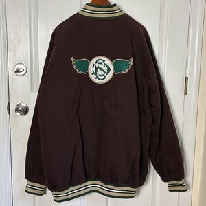 Stall & Dean brown varsity jacket size 5XL Logo wing patch on back bomber heavy